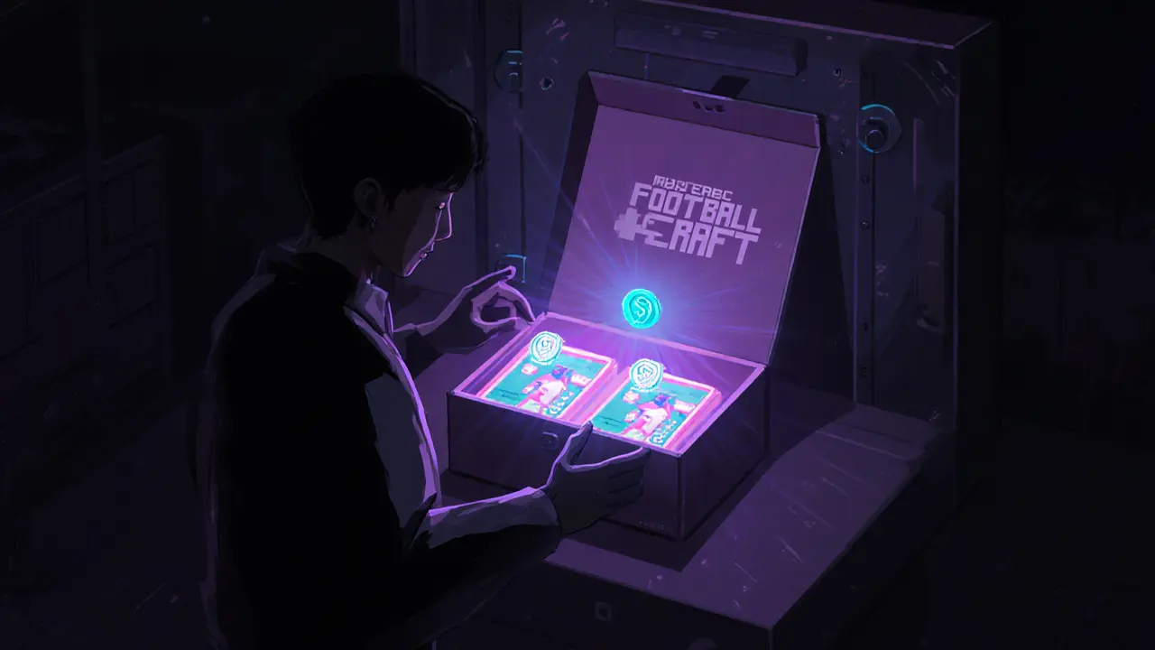 A lone user opening a glowing NFT mystery box revealing AI player cards and a $GOAL token.