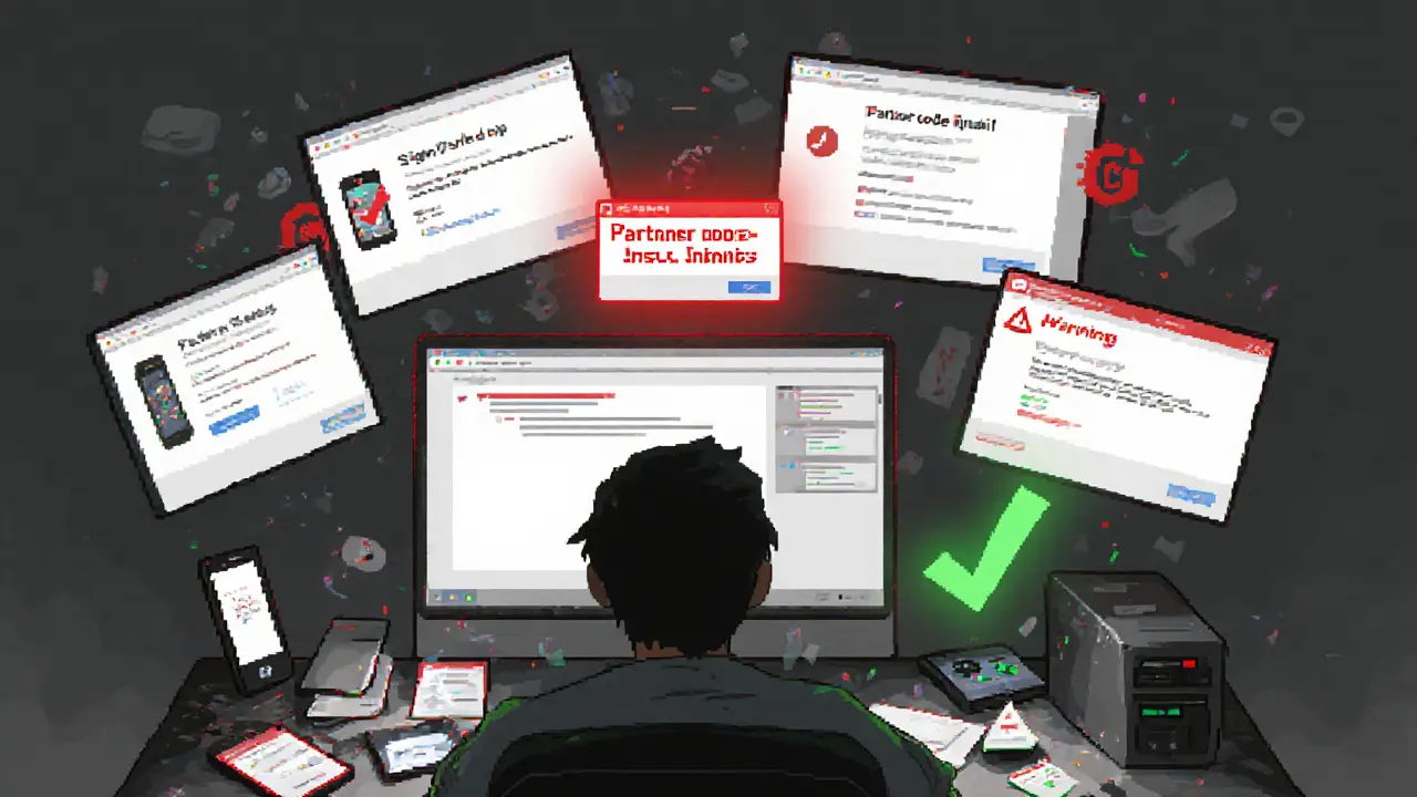 A player surrounded by failed app screens and a flickering Partner Code alert in pixel art style.