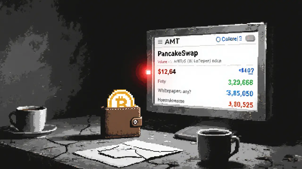 An empty wallet holds a single AMT token on a dusty desk beside a dimly lit exchange screen.