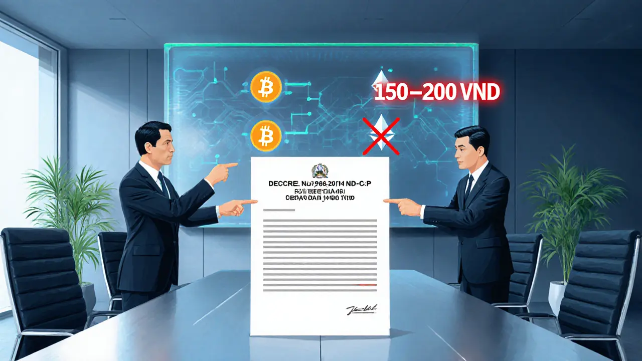 Bank officials reviewing a decree with crossed‑out crypto icons and flashing fine amounts on a holographic screen.