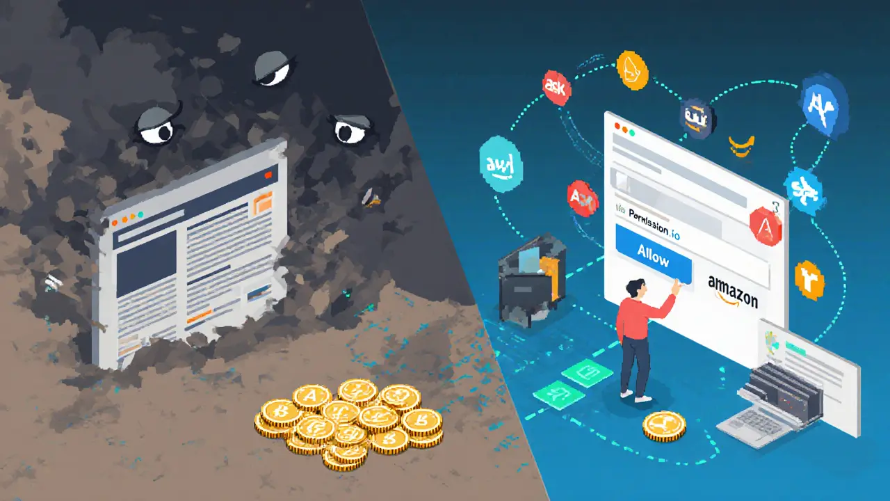 Contrast between invasive ads and permission-based advertising with ASK tokens in pixel art.