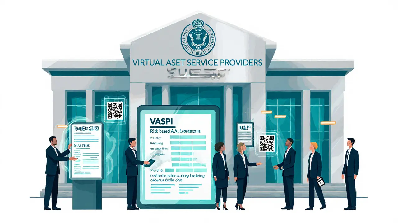Digital illustration of a government office registering virtual asset service providers