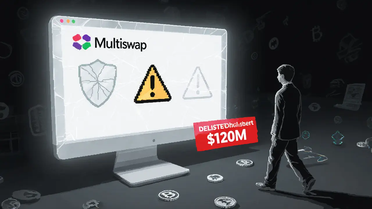 Fading Anyswap interface replaced by warning-filled Multichain logo as users walk away.
