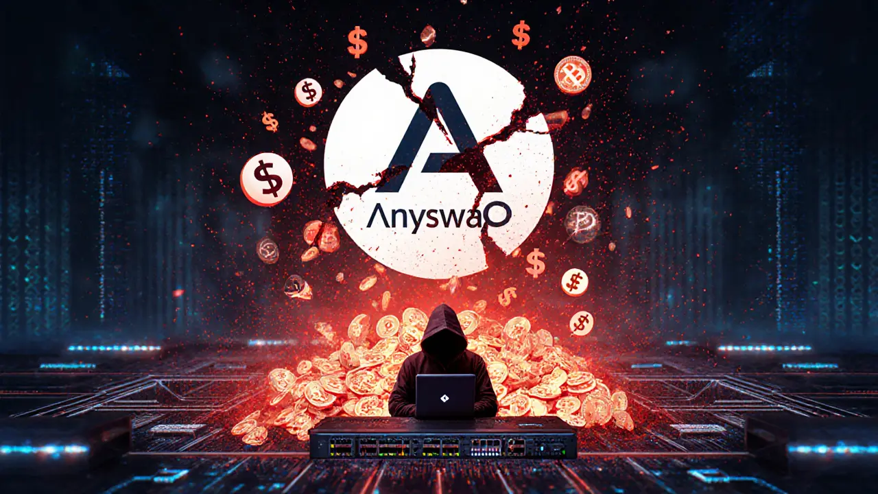 Falling Anyswap logo with hacker draining tokens, red gas fees exploding in pixel chaos.