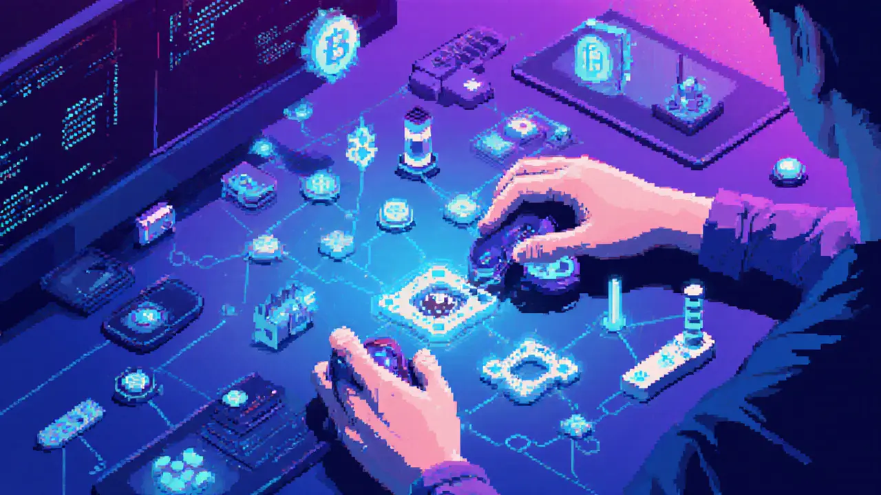 Game developer assembling assets with blockchain technology in a futuristic workspace.