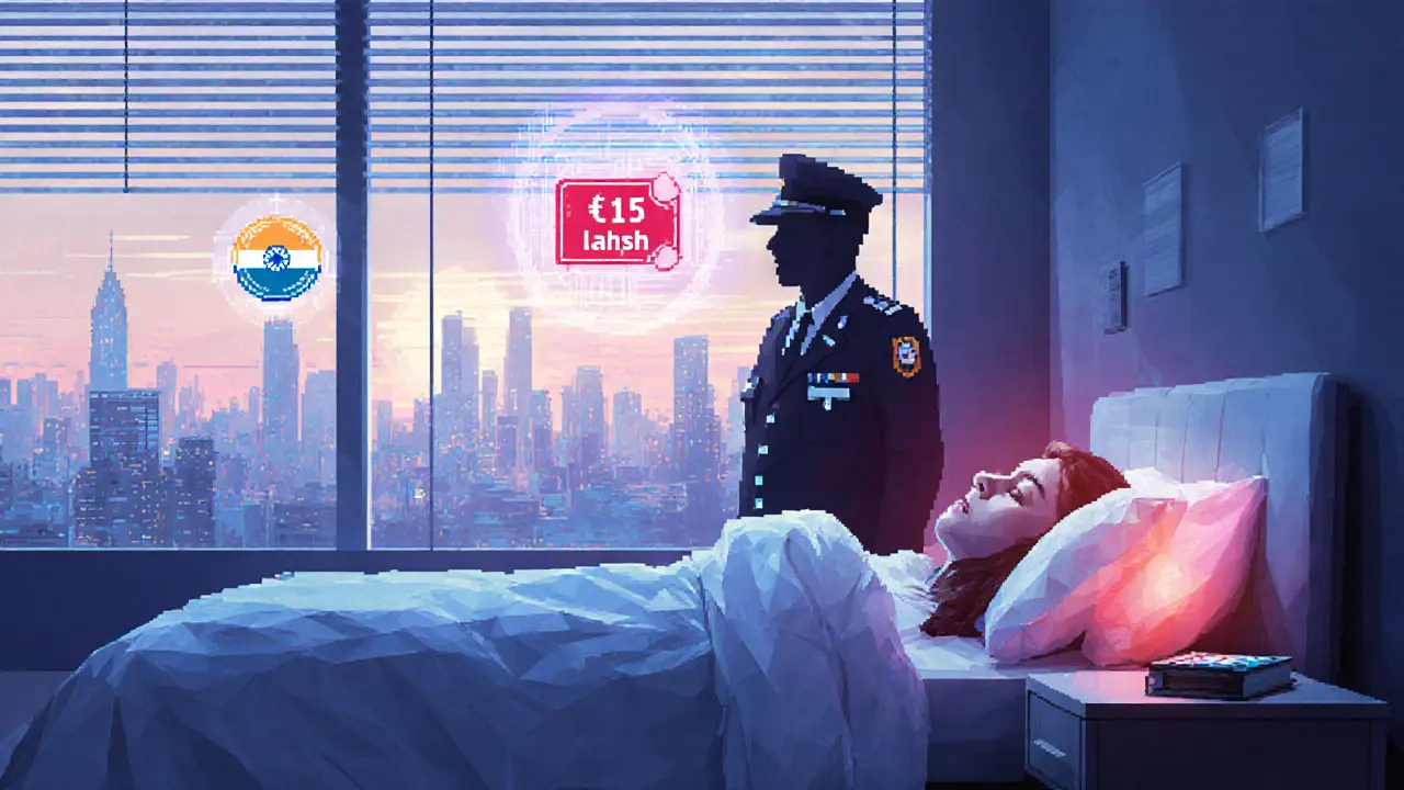 NRI sleeping as shadowy tax inspector looms over glowing crypto wallet with 120-day threshold holograms