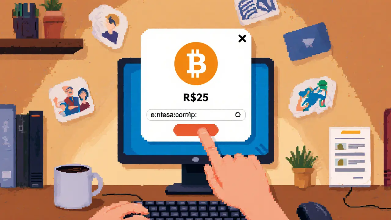 Person receiving R Bitcoin reward through referral program at home