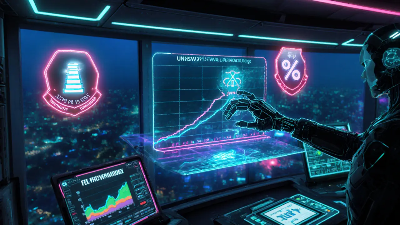 Pixel art AI adjusting liquidity ranges with holographic bridges and NFT badges.