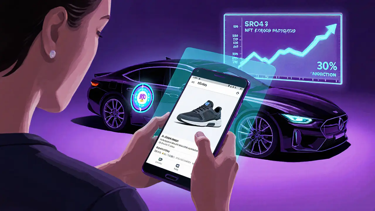 Pixel art boutique scene of a phone scanning a sneaker, displaying an AR NFT passport overlay.