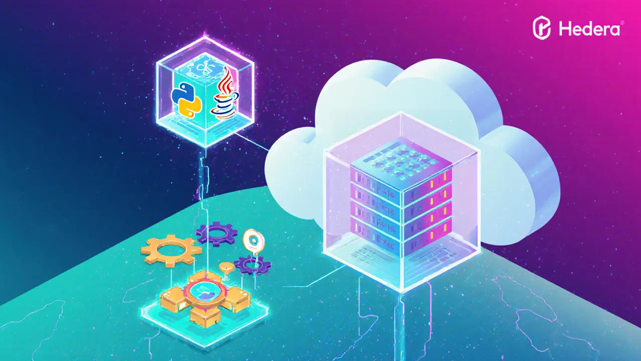 Pixel art cloud data center with virtual cubes showing Java and Python code linked to Hedera consensus.