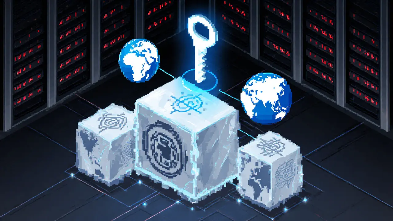 Pixel art cold storage vault with multi‑signature symbols linked to global servers.