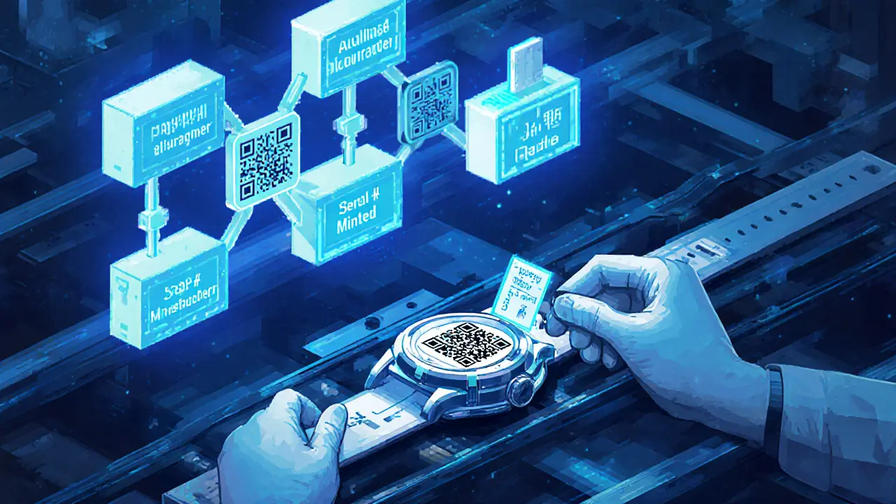 Pixel art factory line with a watch, QR code, RFID tag, and floating blockchain ledger blocks.