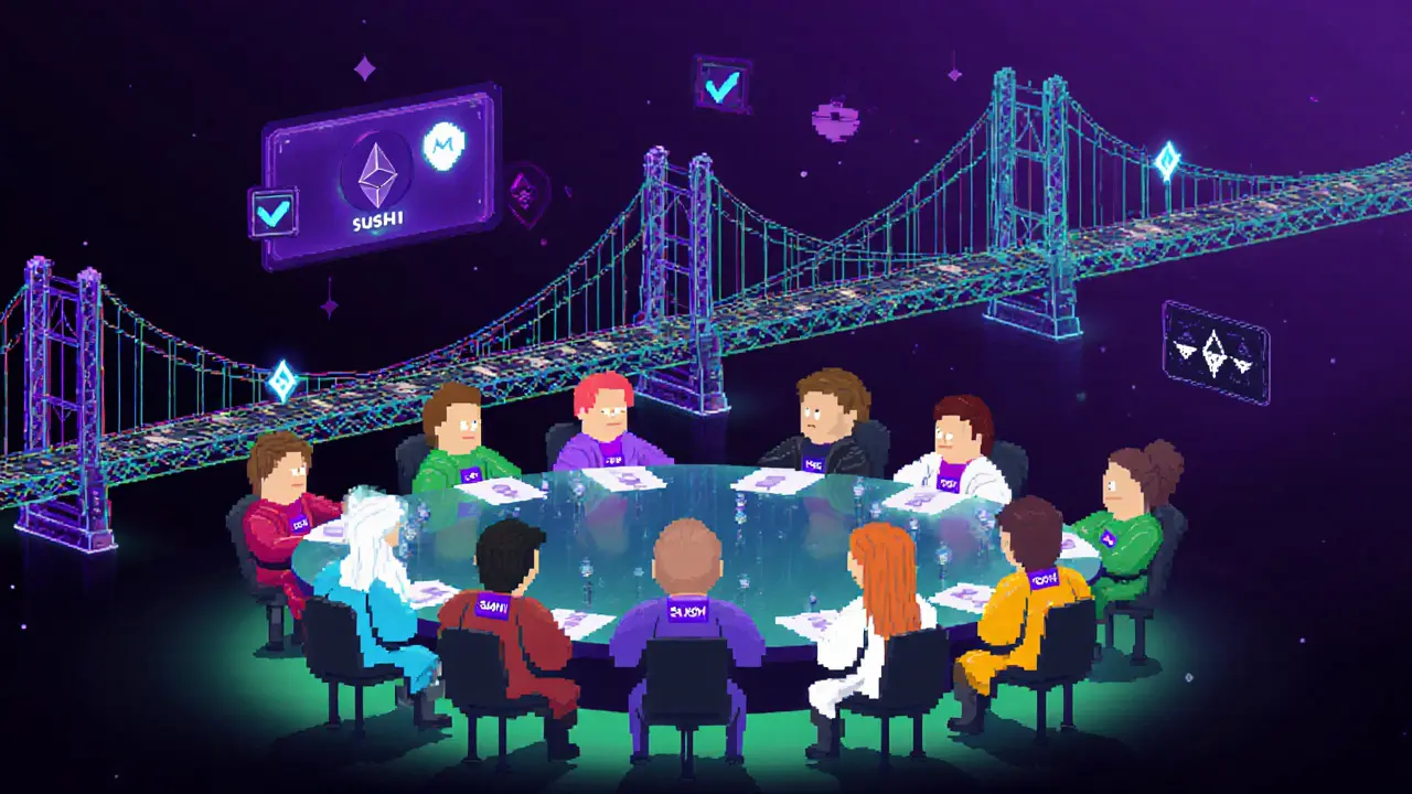 Pixel art governance council of nine avatars with multi‑chain bridges and security icons.