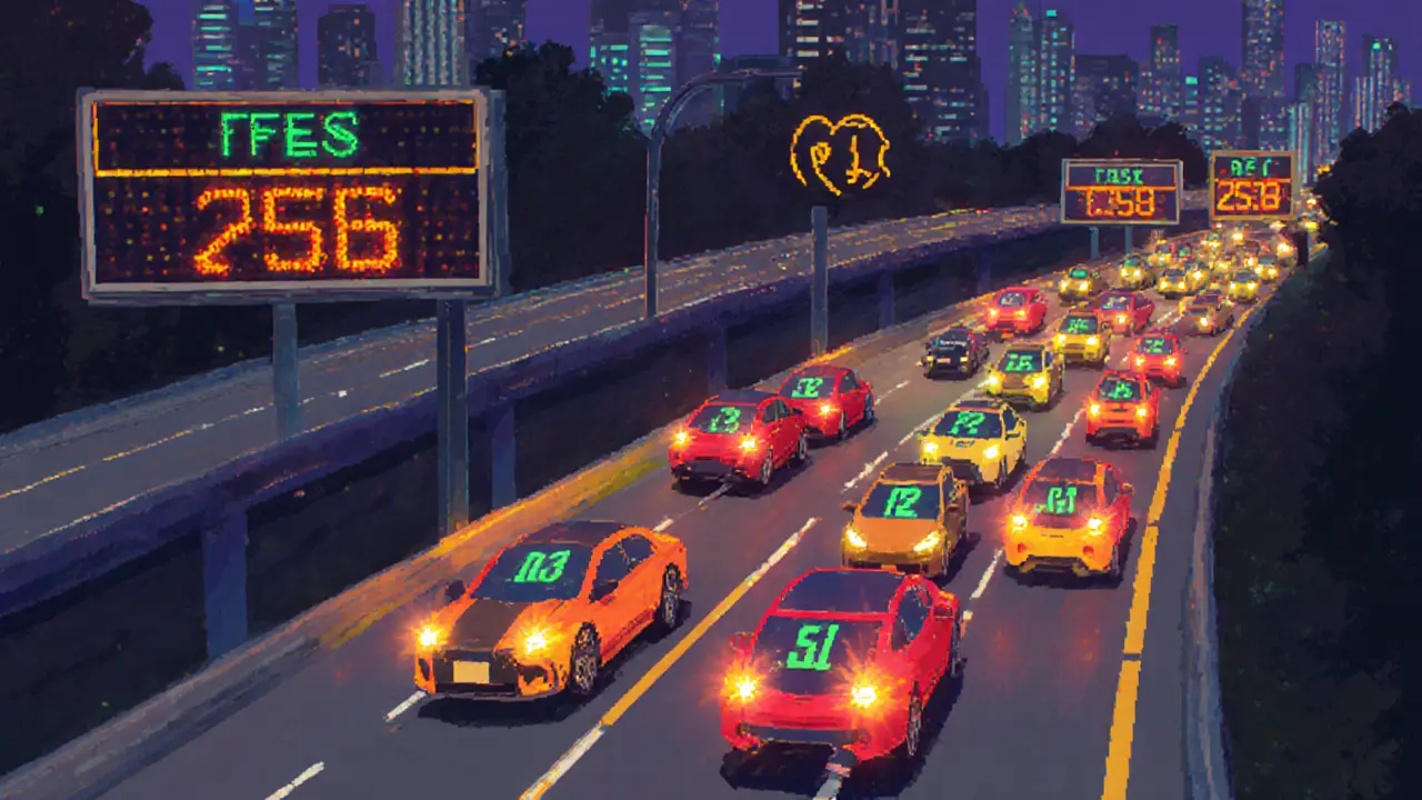Pixel art highway with cars representing transactions competing by fee.
