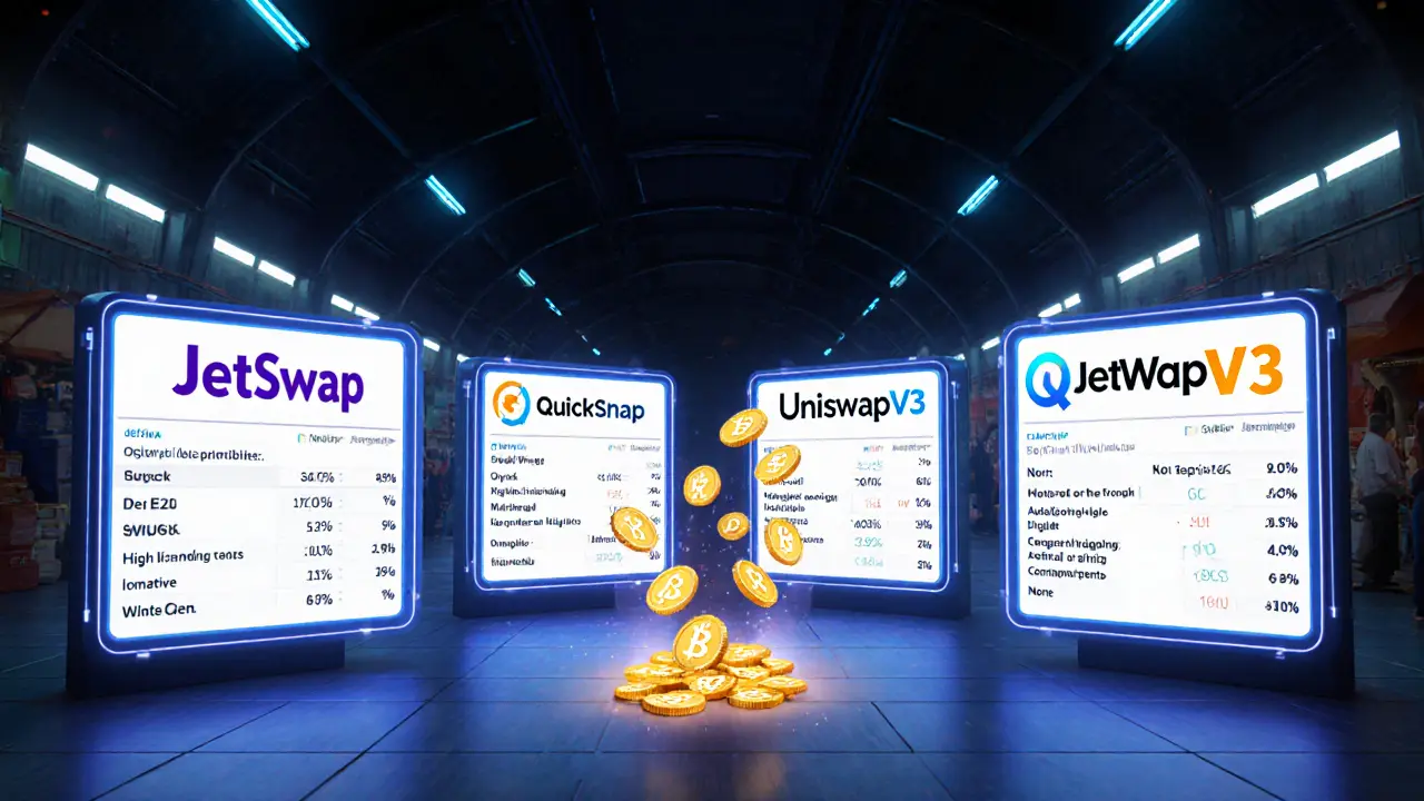 Pixel art market scene comparing JetSwap, QuickSwap, SushiSwap, and UniswapV3.
