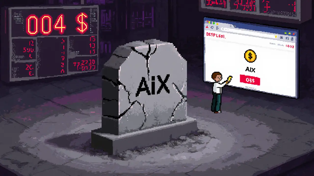 Pixel art of a cracked AiX tombstone in a deserted virtual space with zero‑volume exchange boards.
