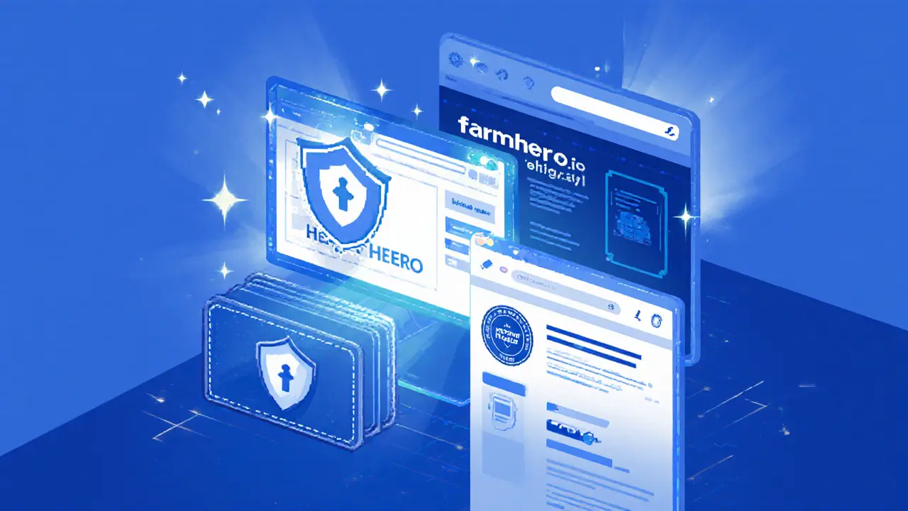 Pixel art of a user protecting HERO tokens using a shield and official FarmHero site.