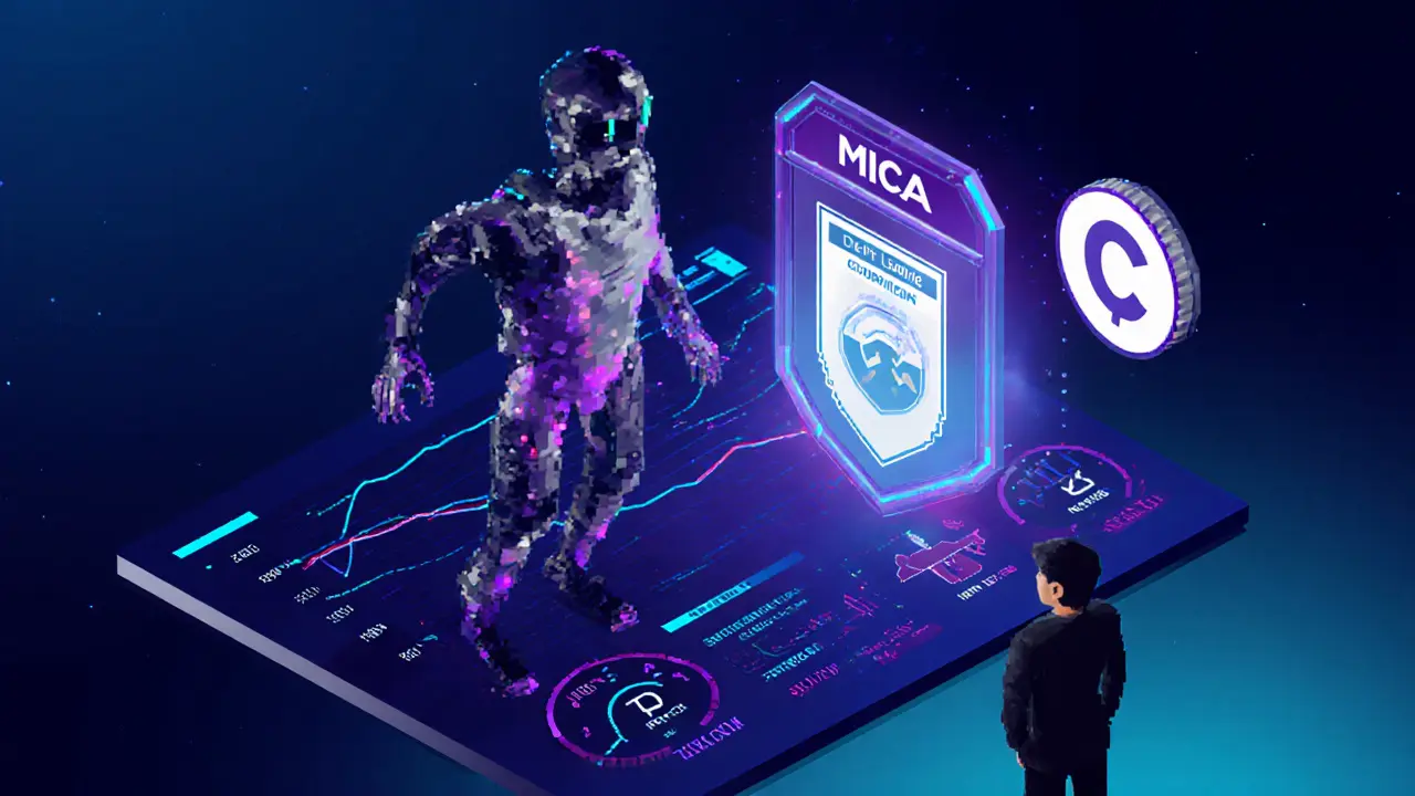 Pixel art of an AI avatar adjusting rates on a futuristic dashboard with regulatory symbols.
