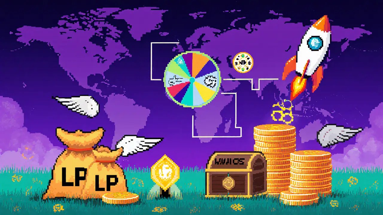 Pixel art of JetSwap farms, staking vaults, lottery wheel, and IJO launchpad.