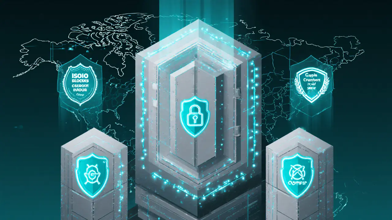 Pixel art of secure vaults and custodial modules representing Coincall's security certifications.