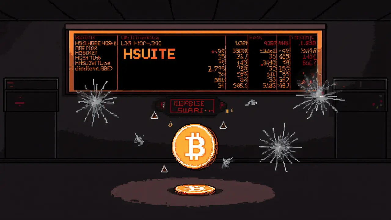 Pixel art scene of a dim exchange screen with a falling HSUITE coin and warning symbols.