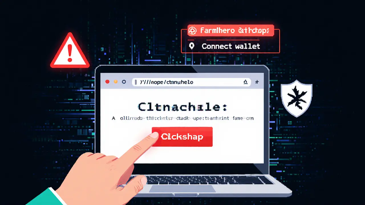 Pixel art scene of a fake airdrop page with a Connect Wallet button and warning symbols.