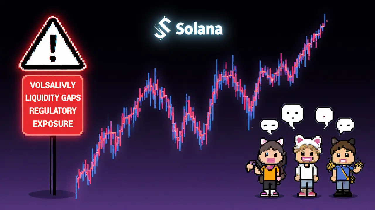 Pixel art scene of volatile price chart and community avatars highlighting Michi risks.