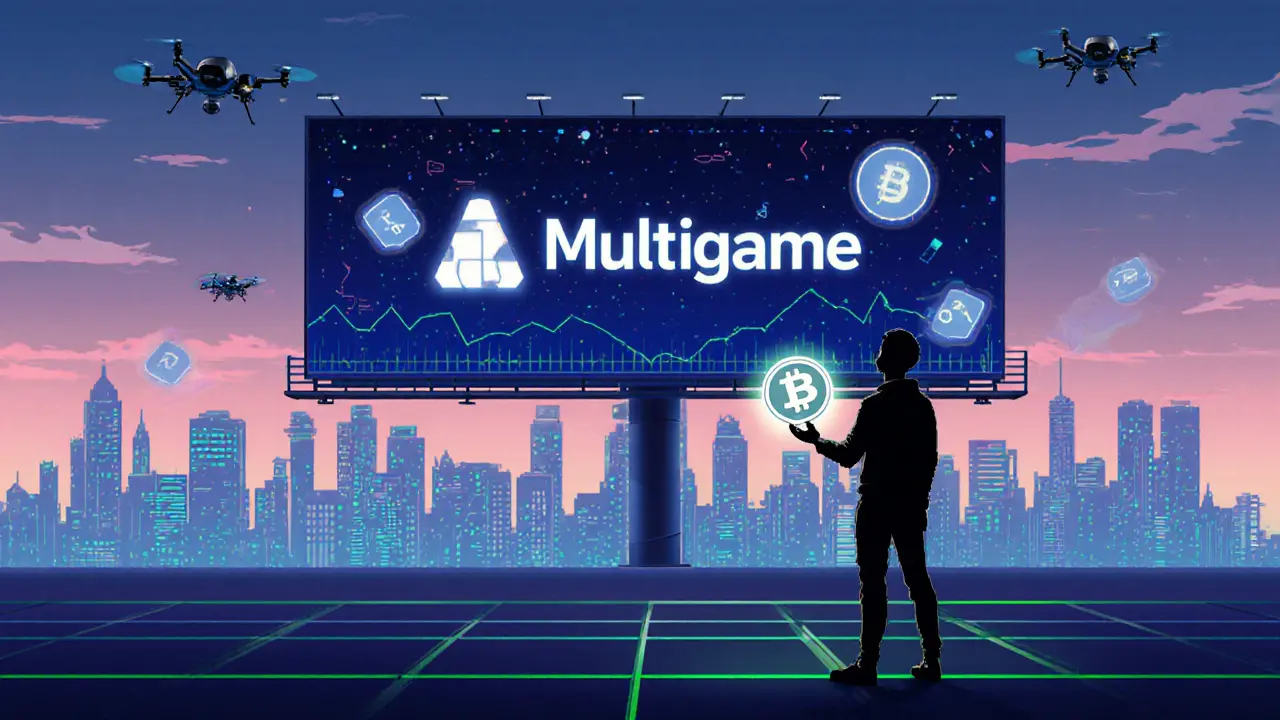 Pixel art skyline with Multigame billboard, silhouette holding BUSD token and NFT key.