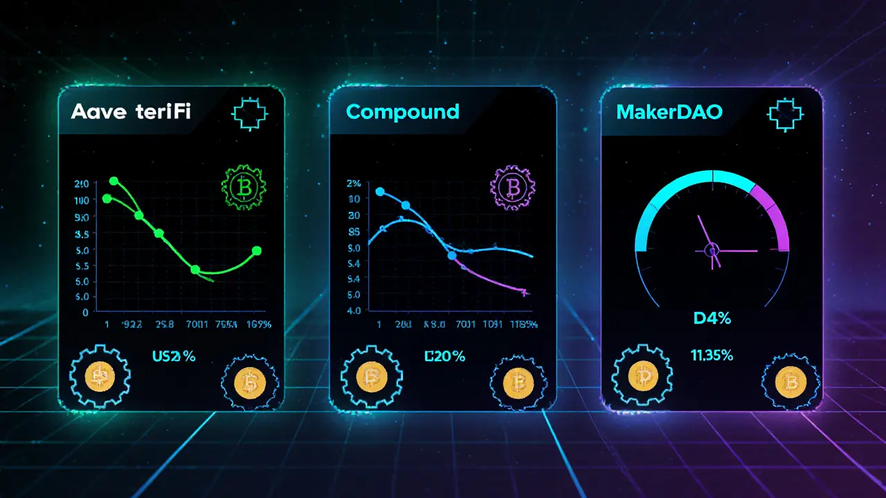 Pixel art split screen comparing Aave, Compound, and MakerDAO rate models with kinked curves.