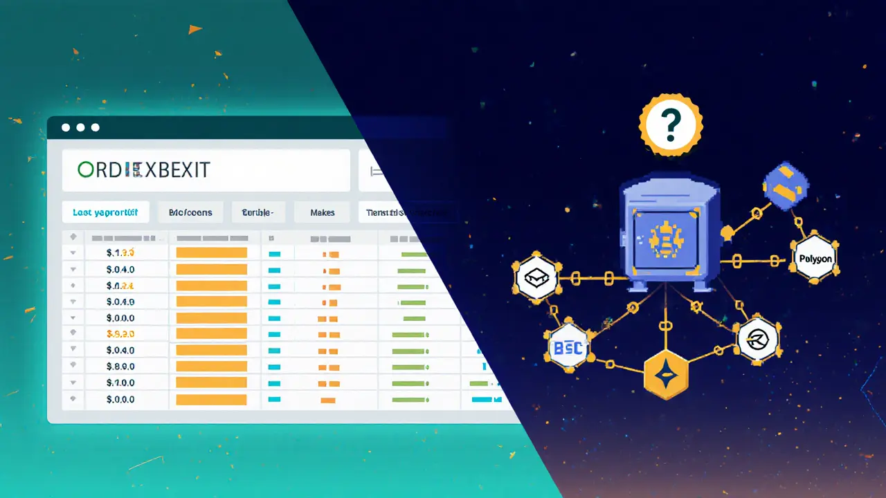 Pixel art split screen of order book and blockchain nodes with cold‑wallet.