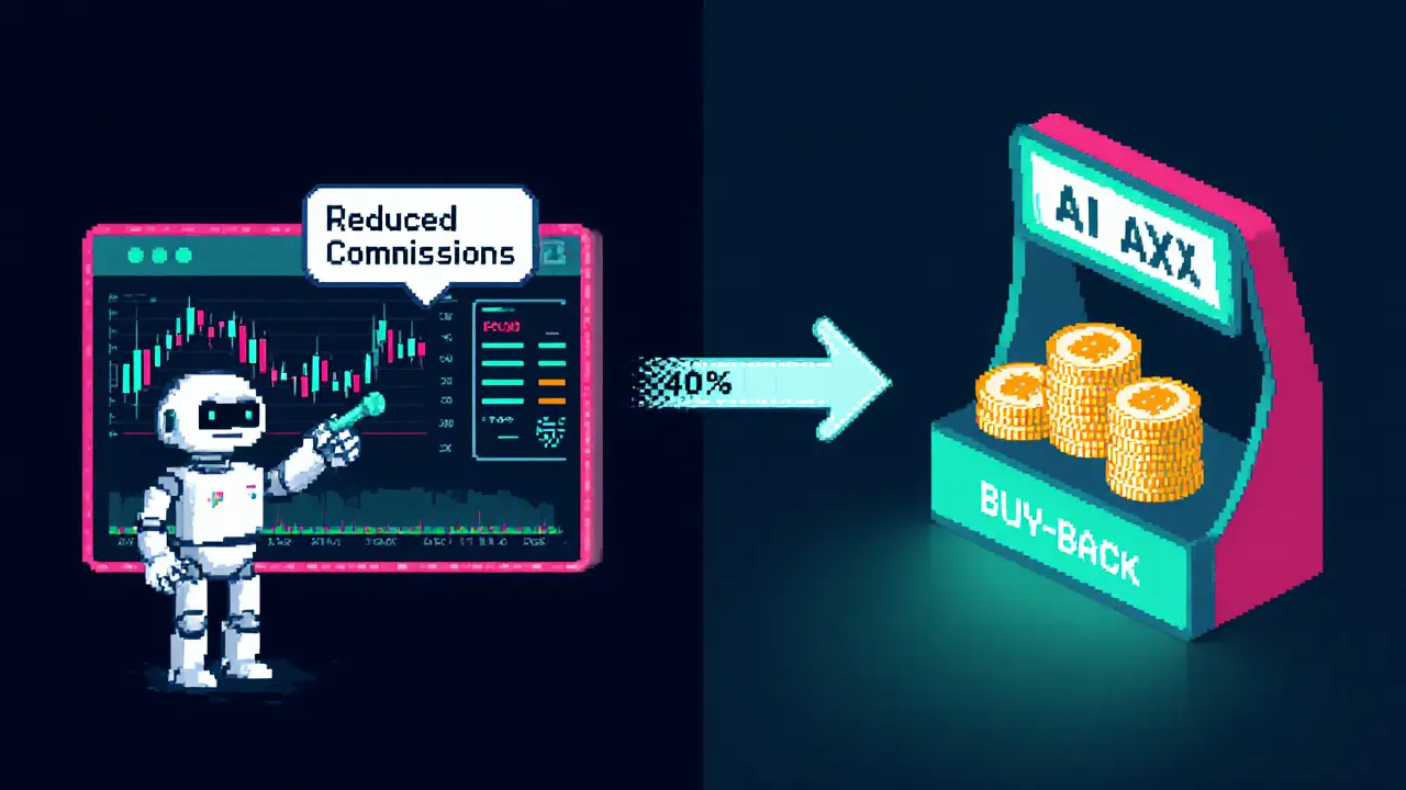Pixel art split‑screen showing a trading dashboard and a buy‑back flow of AiX tokens.