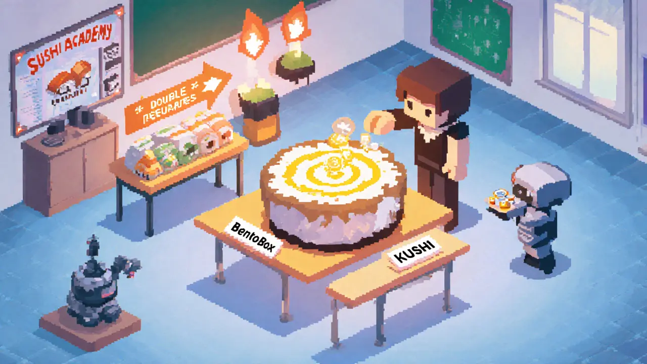 Pixel art Sushi Academy classroom with characters adding liquidity and earning SUSHI rewards.