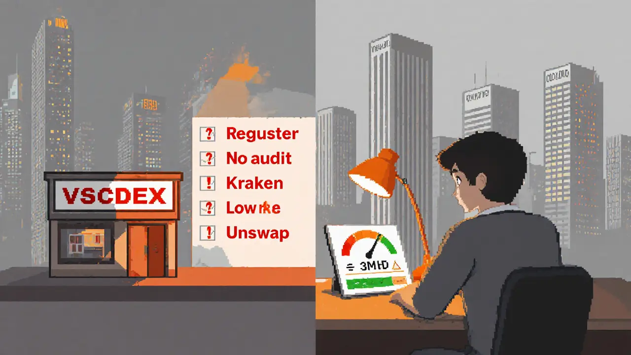 Pixel art trader comparing tiny VSCDEX store to big exchange towers with a red‑flag checklist.