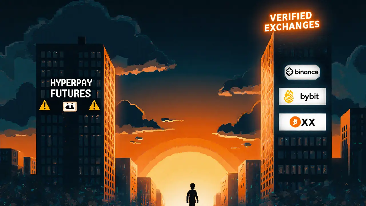 Pixel art trader leaving a dark HyperPay building toward bright verified exchanges.