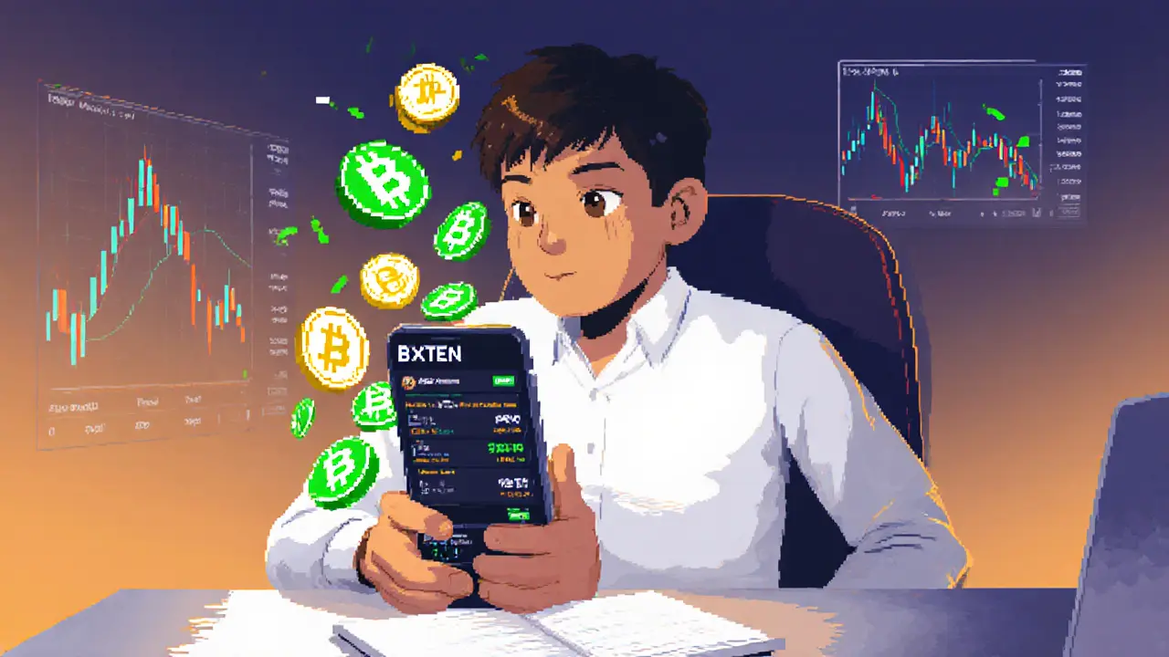Pixel art trader receiving BXT tokens on a mobile app while looking at charts.