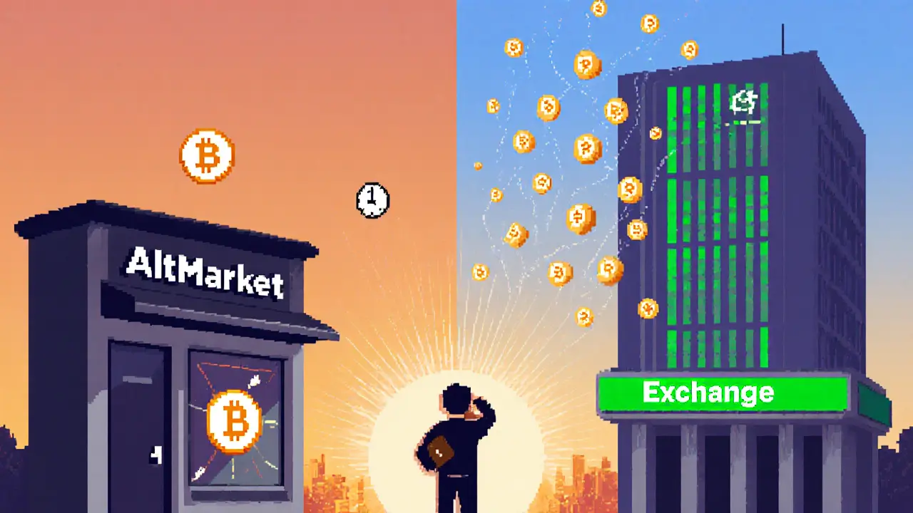 Pixel art trader weighing AltMarket's low fees against a regulated exchange's speed.