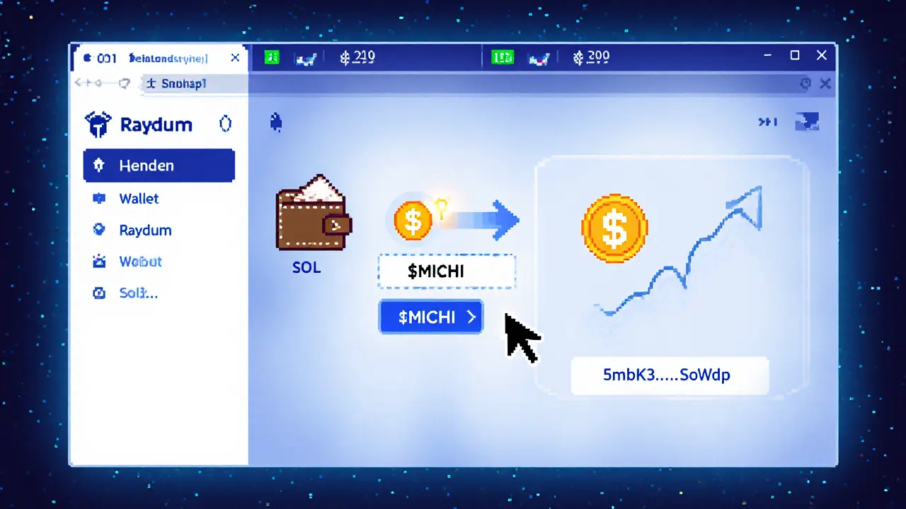 Pixel art UI showing Phantom wallet swapping SOL for $MICHI on a DEX.