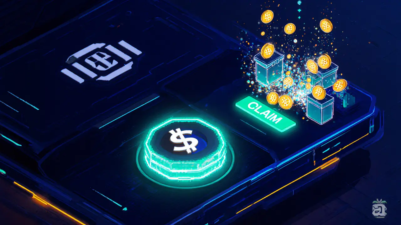 Pixel art wallet screen showing $MGT token, claim button, and opening NFT boxes spilling coins.