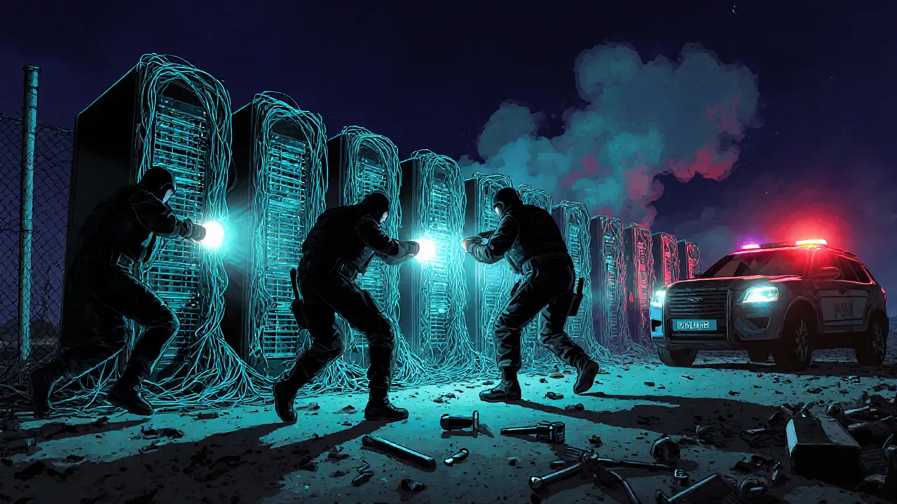 Police raid on a nighttime mining farm with illuminated ASIC rigs and flashing lights.