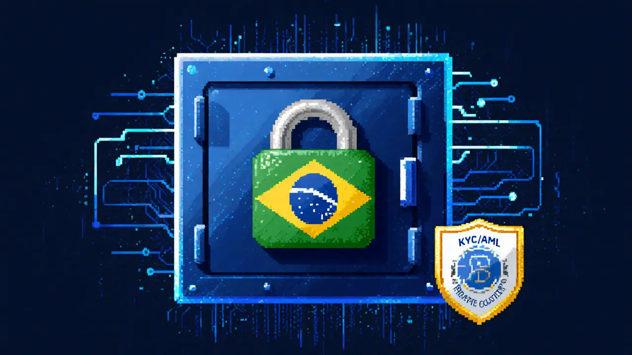 Secure crypto vault with KYC compliance shield in pixel art style