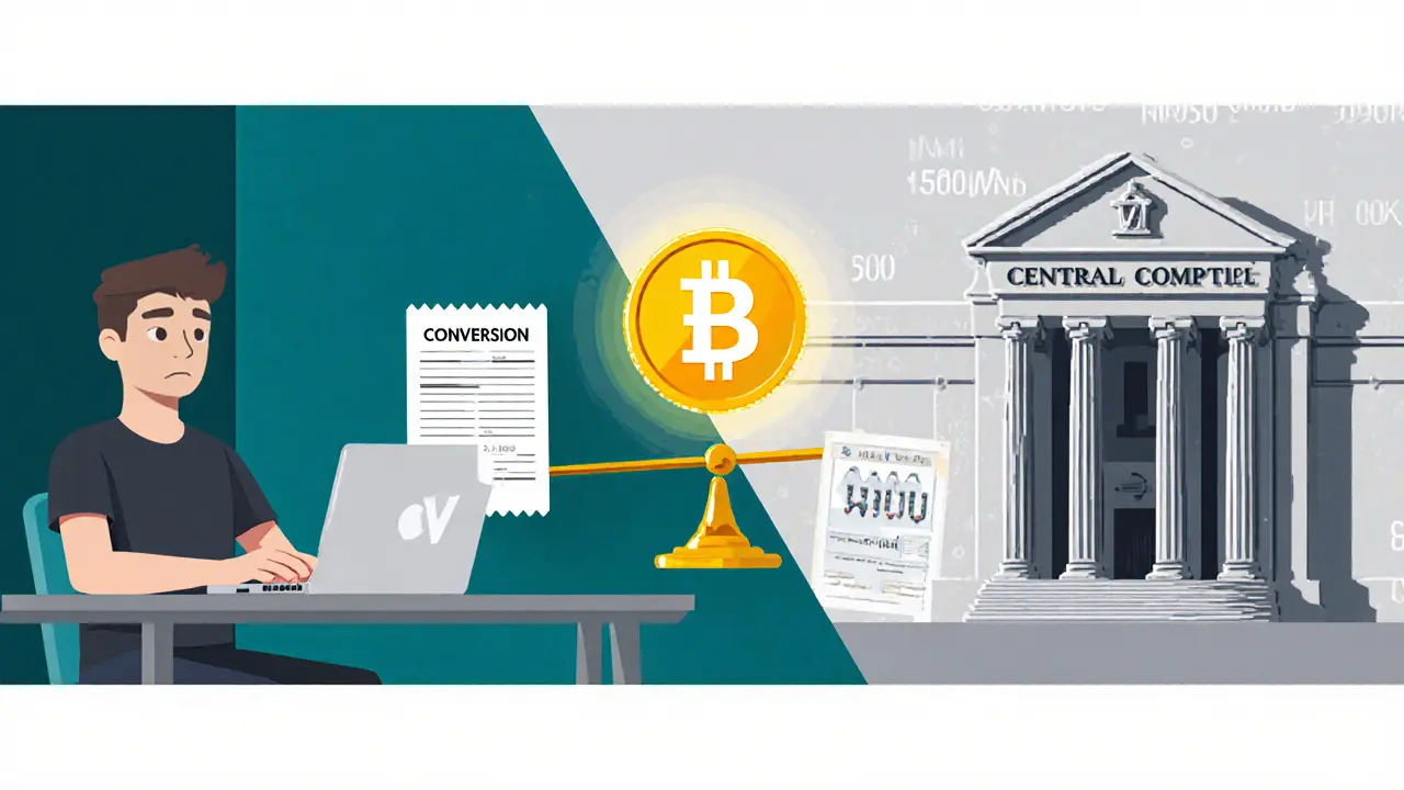 Split scene of a freelancer converting crypto to VND and a digital dong vault, with a scale balancing crypto and tax.
