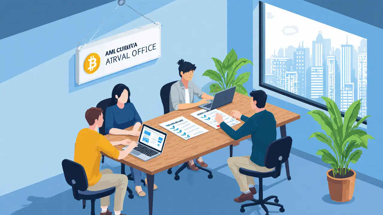 Startup founders reviewing AML documents and blockchain screens in a co‑working space