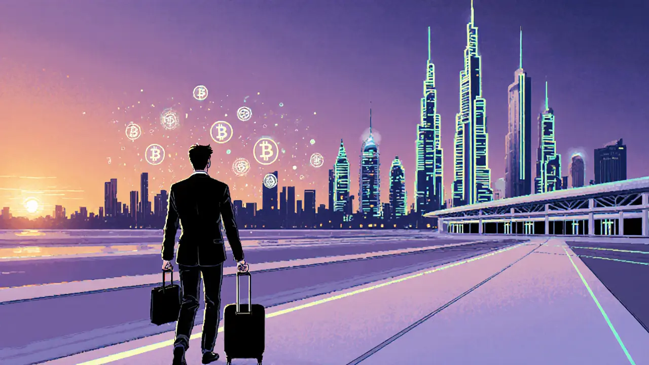Tech worker leaving Algeria with suitcase, fading crypto skyline, bright Dubai skyline ahead.