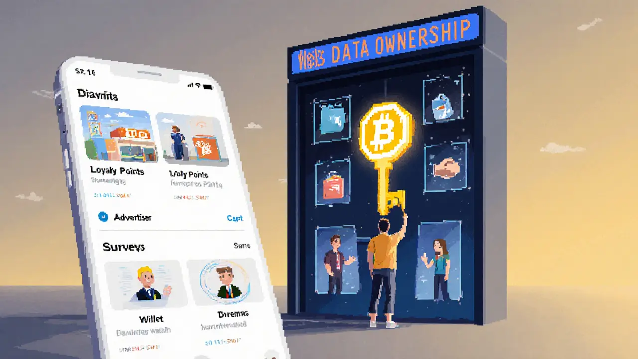 User unlocking Web3 data ownership with ASK tokens and loyalty rewards in pixel art style.