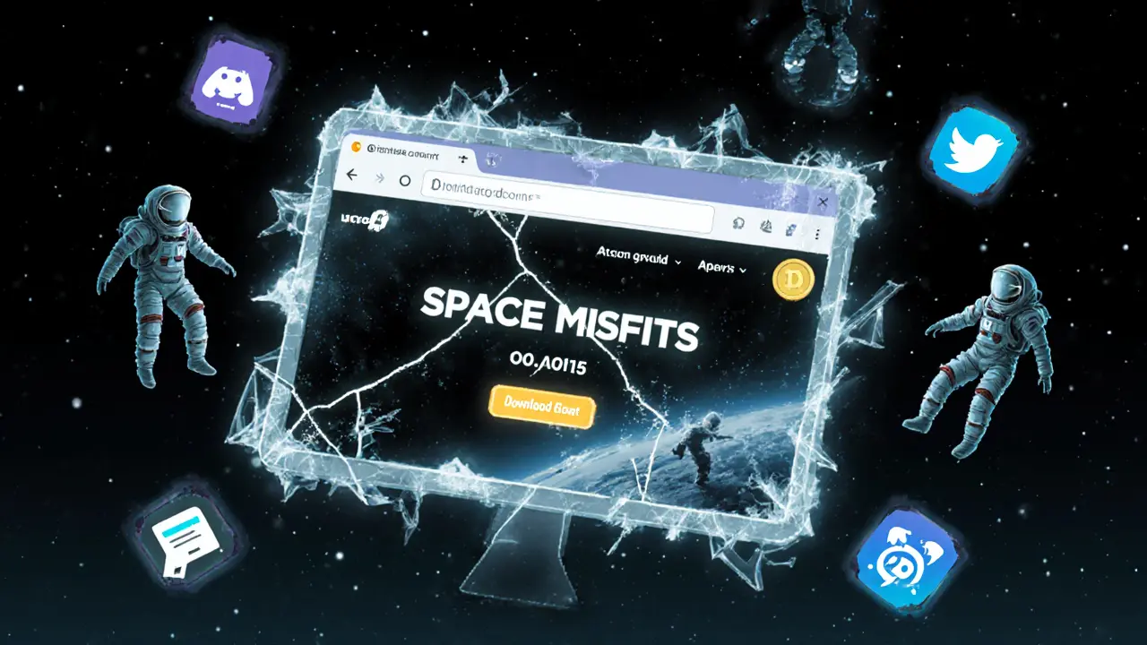 A glitchy desktop interface floats in space showing a dead Space Misfits website and frozen social media icons.