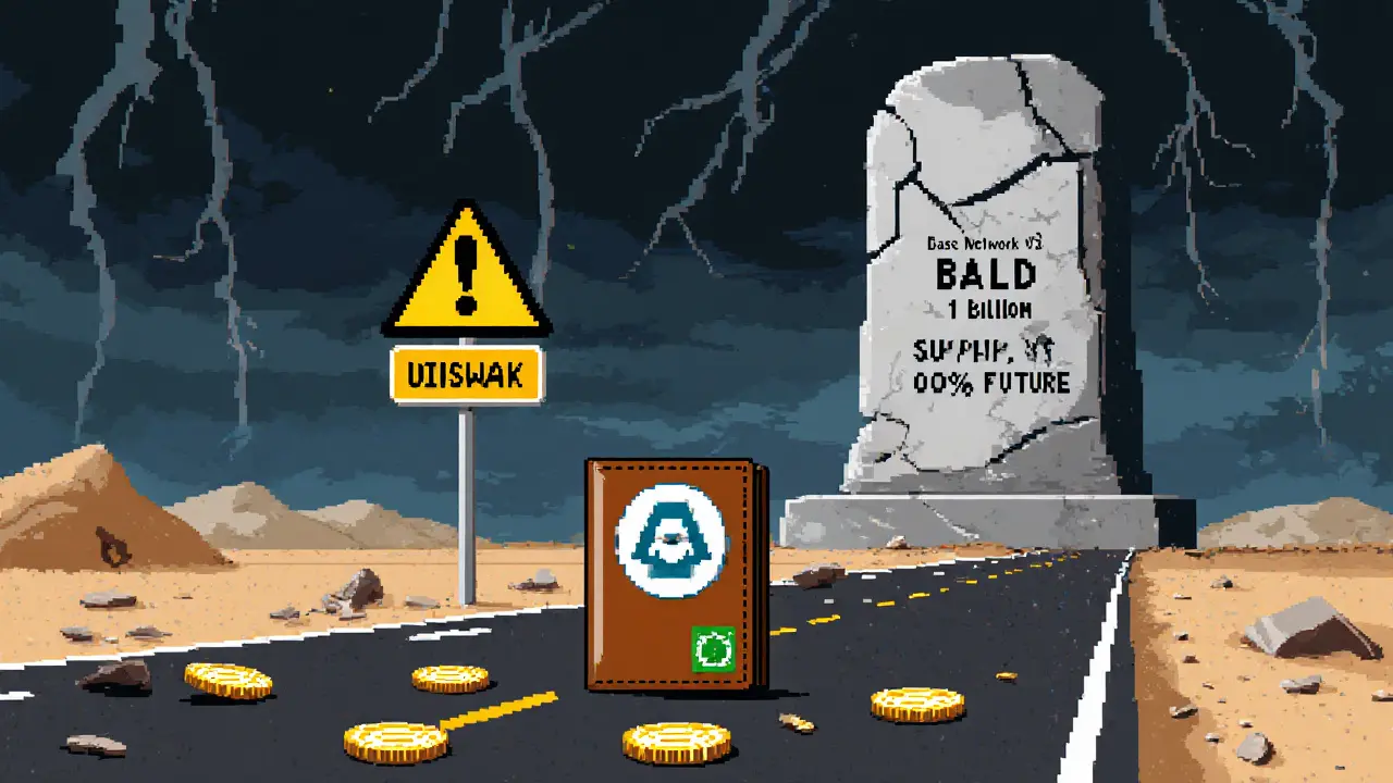 A lone wallet on a deserted blockchain highway with abandoned tokens and a crumbling &#039;BALD&#039; monument.