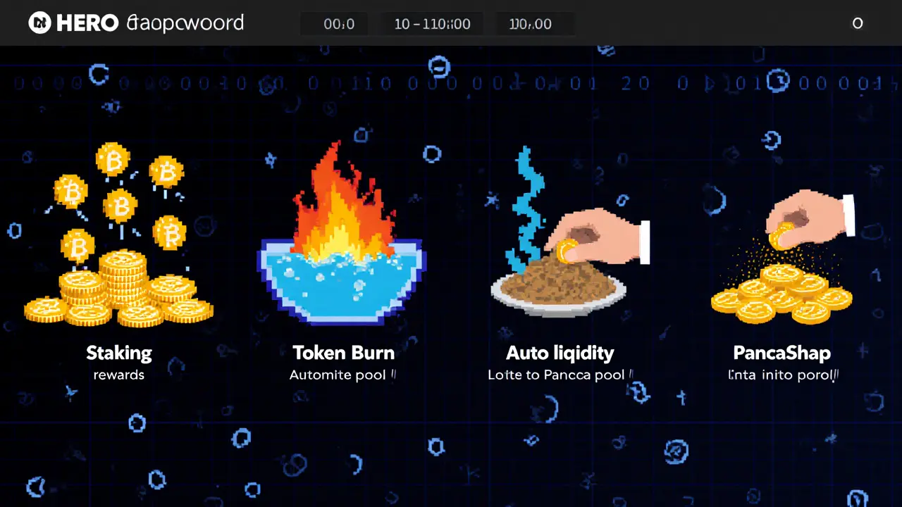 A pixel art dashboard showing HERO token mechanics: staking, burn, liquidity, and buyback in 8-bit style.
