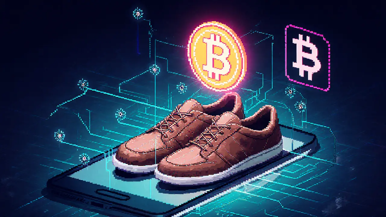 A smartphone scanning sneakers that transform into a glowing NFT with blockchain nodes around it.