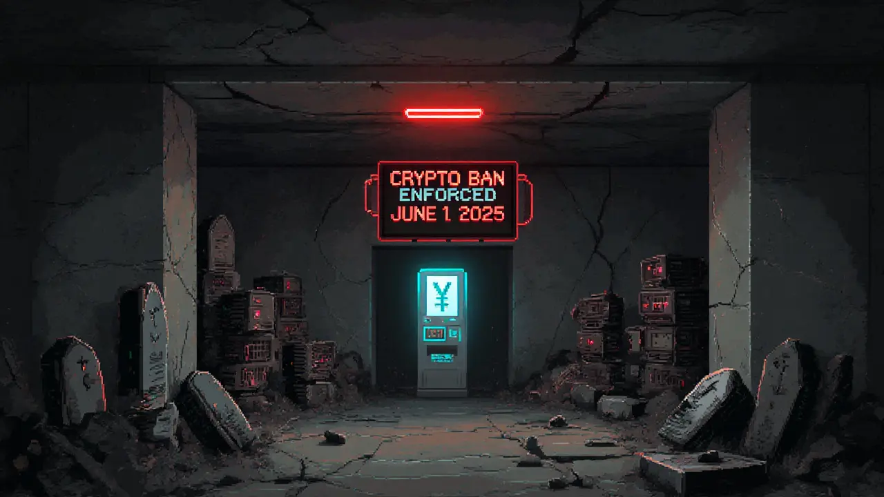 Abandoned crypto mining facility with red ban alert and glowing digital yuan terminal