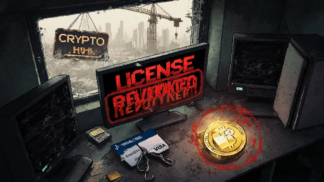 Abandoned crypto server room with revoked license notices and a broken credit card in Singapore.